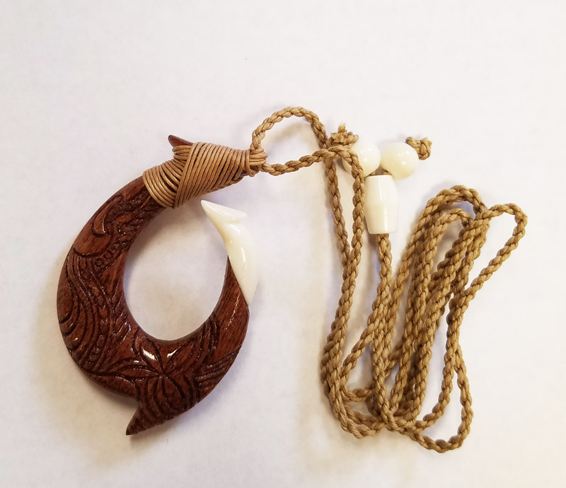 Hand Carved Natural Koa Wood White Tattoo Bone Fish Hook Necklac