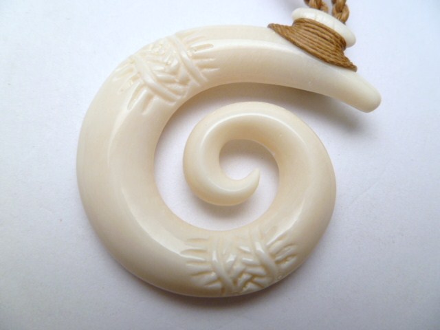 Hand Carved White Bone Swirl Tattoo Fish Hook Necklace