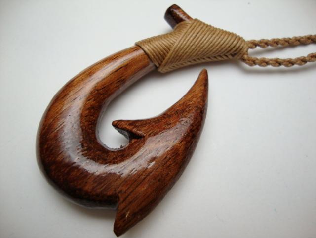 Hand Carved Natural Koa Wood Long Arrow Fish Hook Necklace