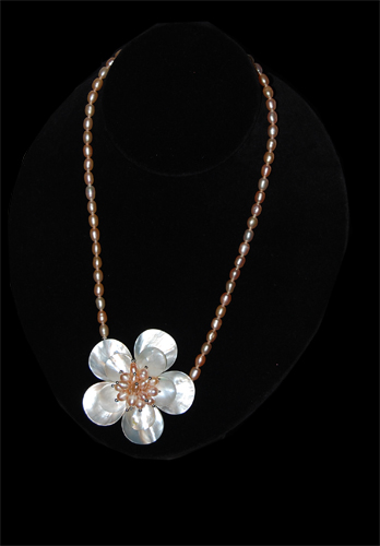 Copper Freshwater Pearl Necklace with Plumeria Flower Pendant