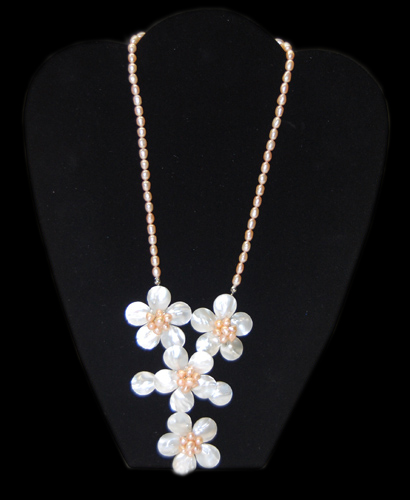 Freshwater Pearl Necklace with Pink Plumeria Waterfall Pendant
