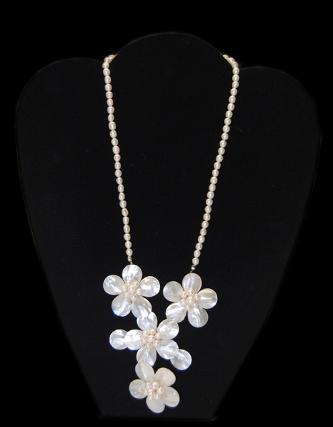 Freshwater Pearl Necklace with White Plumeria Waterfall Pendant