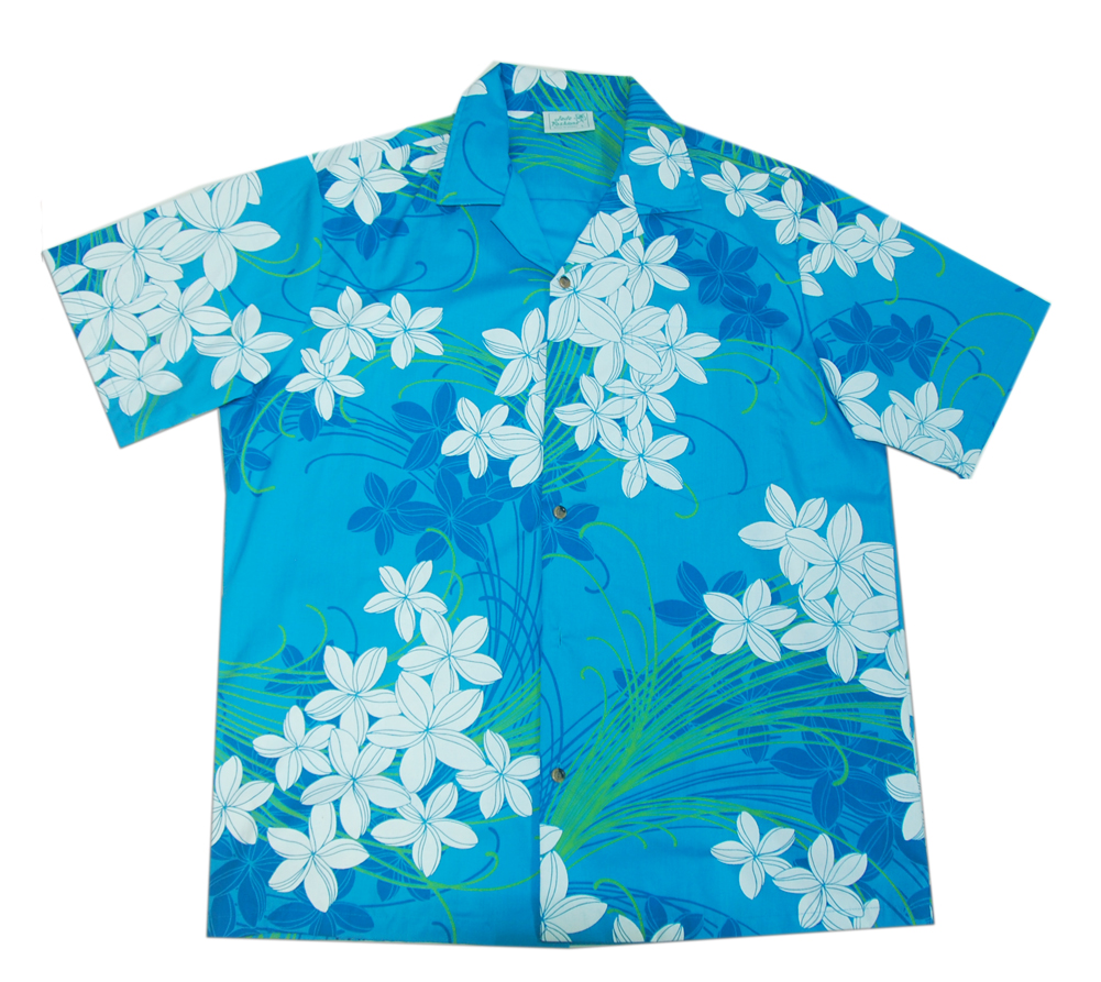 Cotton Blended Plumeria Blue Aloha Shirt