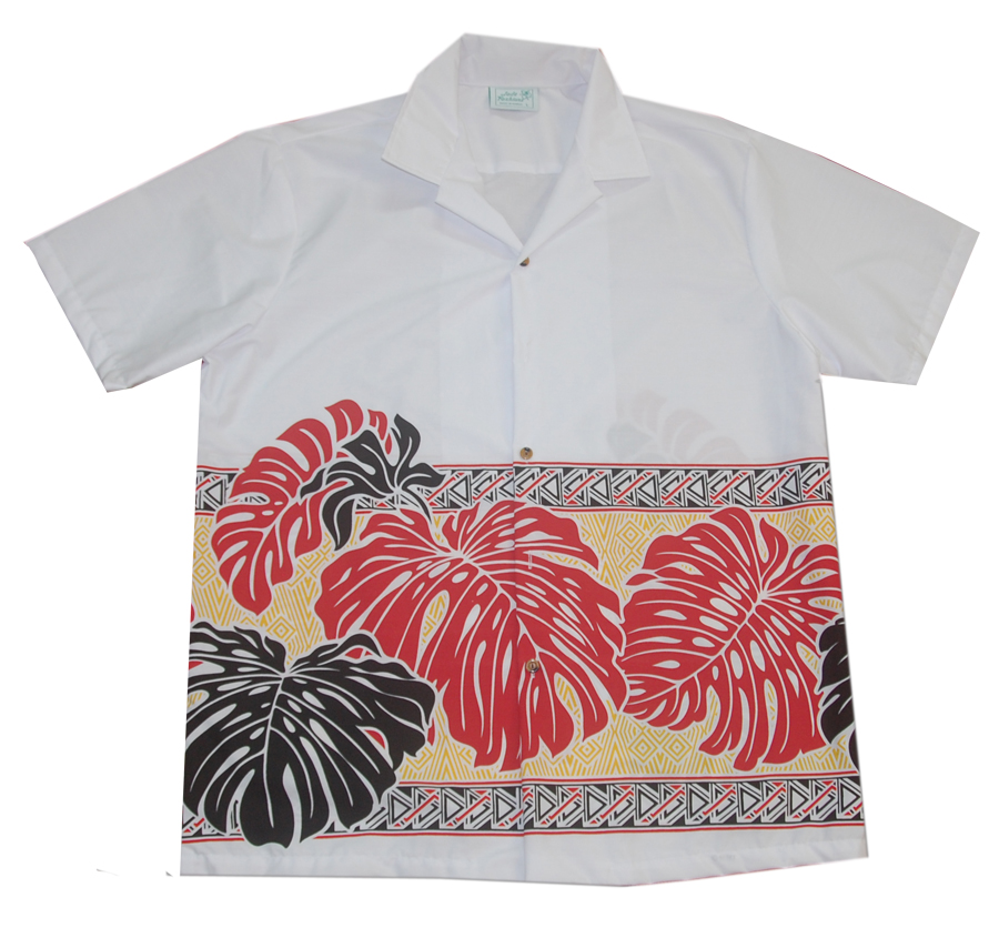 Cotton Blended White Autumn Garden Leaf Aloha Shirt