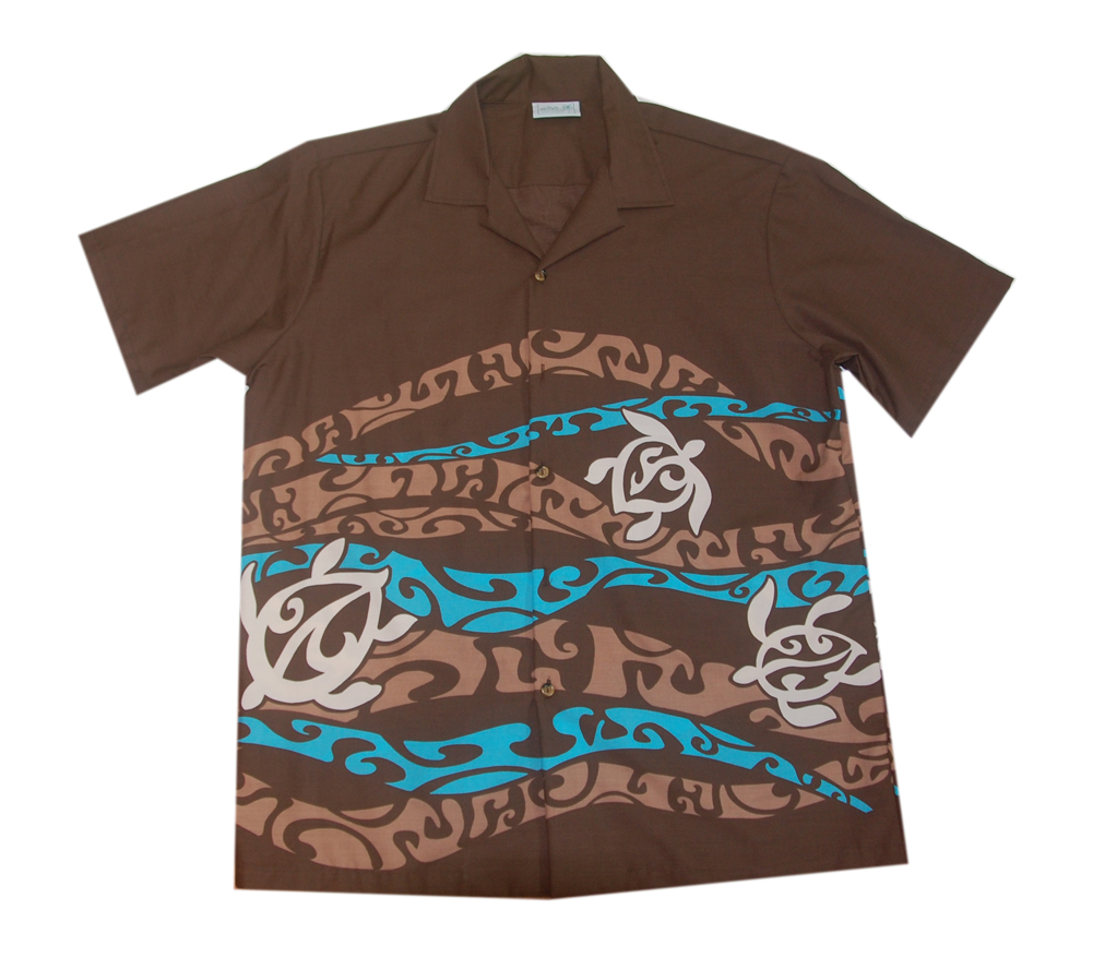 Cotton Blended Brown Swimming Turtle Aloha Shirt