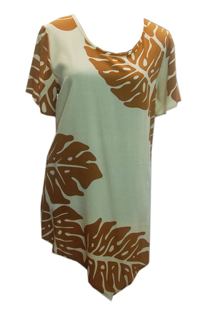 Kala Hawaiian Beige Leaf Short Sleeve Top