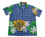 Cotton Blended Plaid Blue Tiare Flower Aloha Shirt