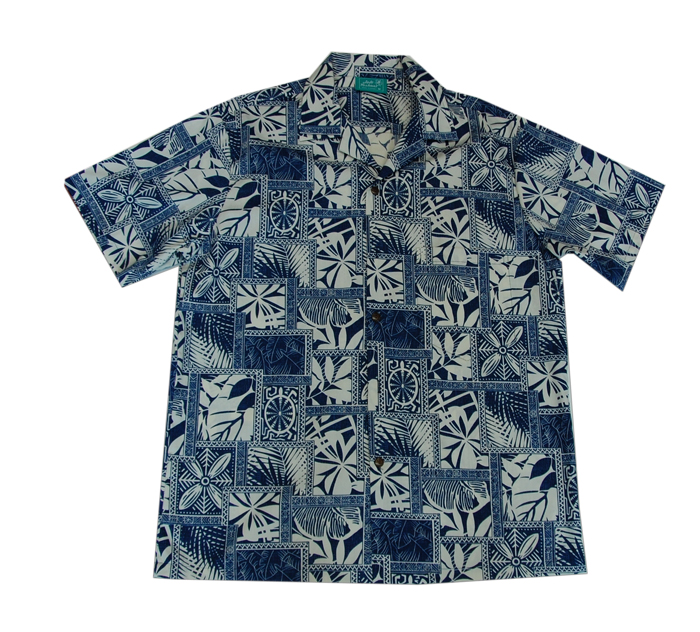 Cotton Honu Leaf Blue Hawaiian Men Shirt
