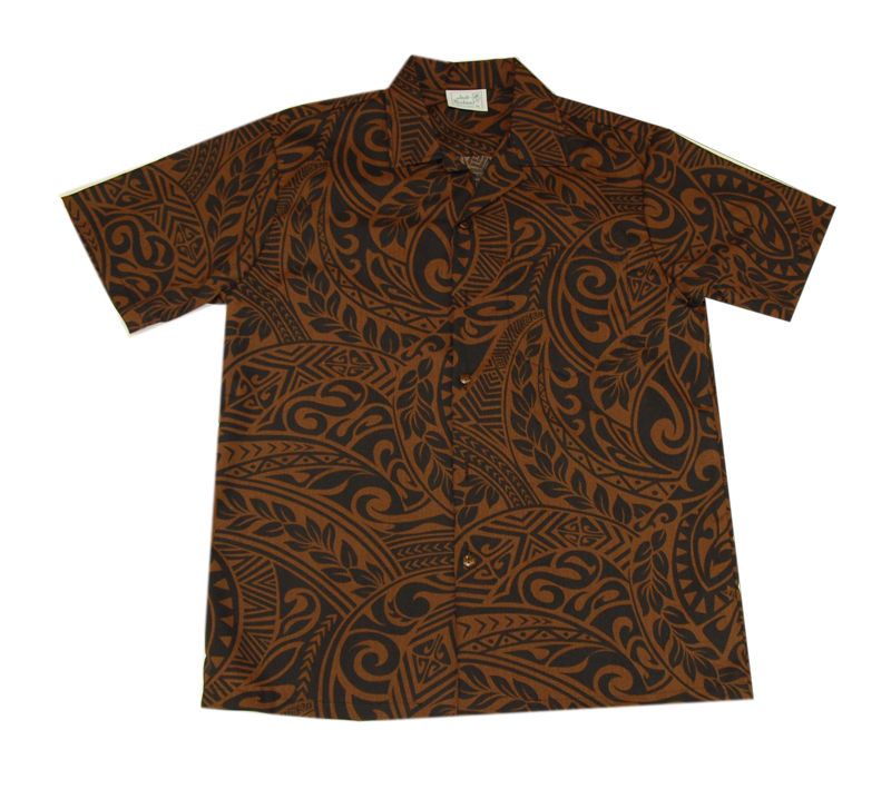 Cotton Blended Brown Leaf Tattoo Aloha Shirt