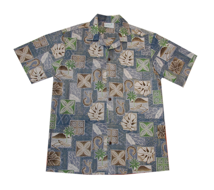 Cotton Blended Blue Fish Hook Aloha Shirt