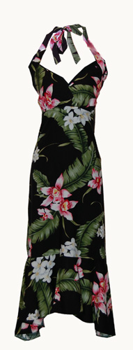 Orchid Flower Black Hawaiian Halter Dress