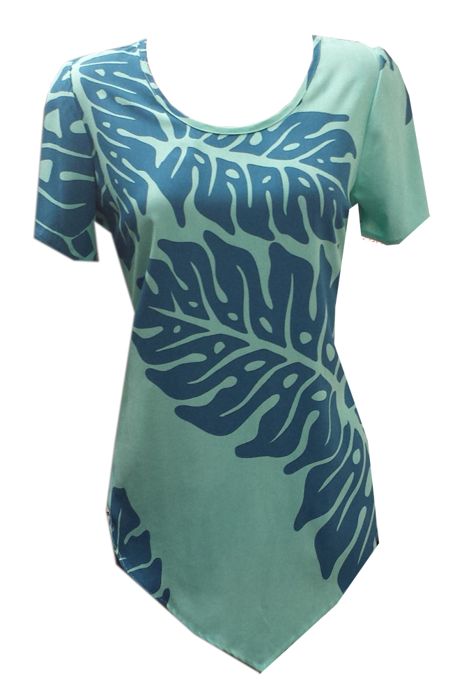Kala Hawaiian Aqua Leaf Short Sleeve Top