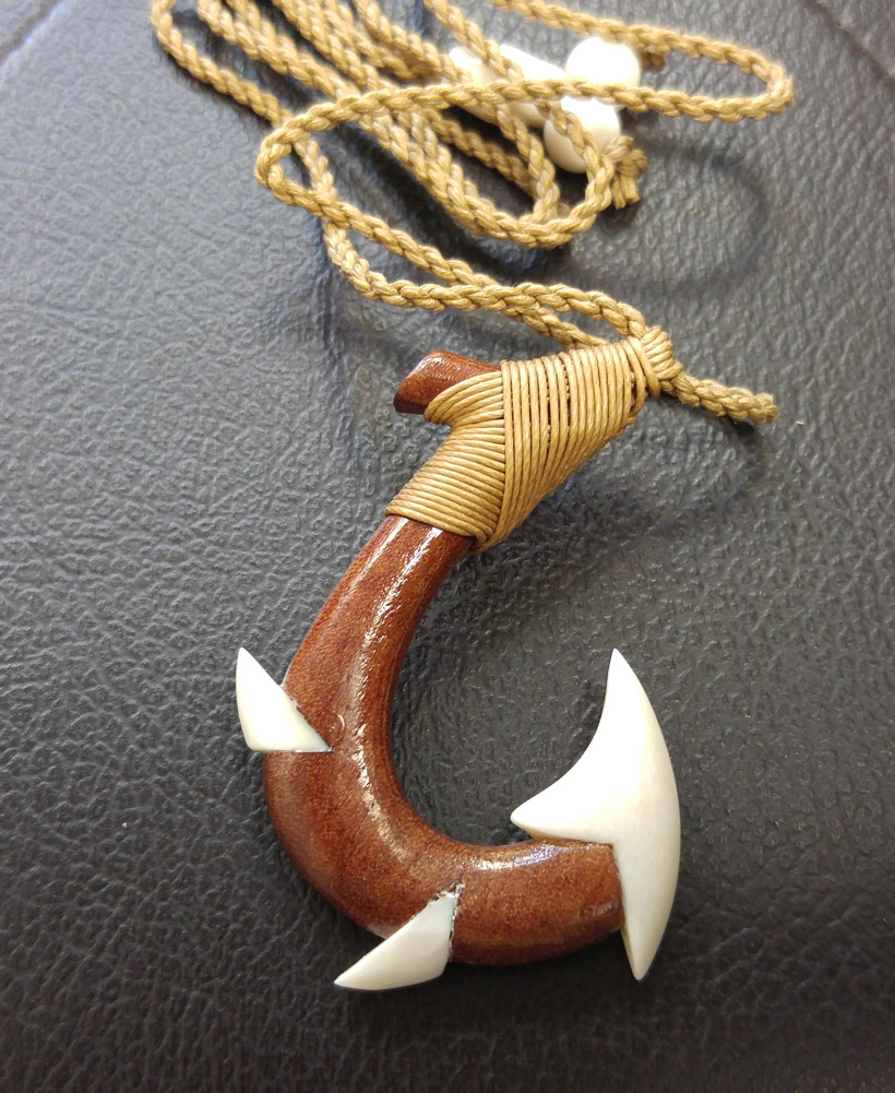 Hand Carved Natural Koa Wood Bone Fish Hook Necklace