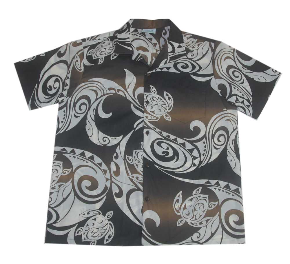 Cotton Blended Brown-Black Turtle Waves Aloha Shirt