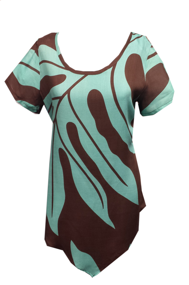 Kala Hawaiian Brown Black Tiare Short Sleeve Top