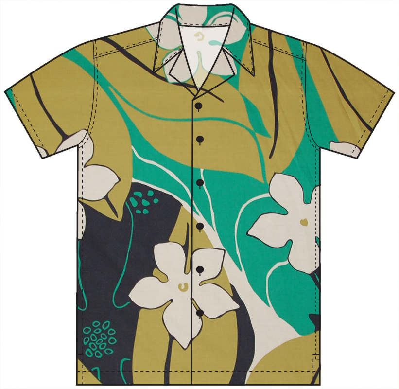 Cotton Blended Green Fusion Plumeria Aloha Shirt