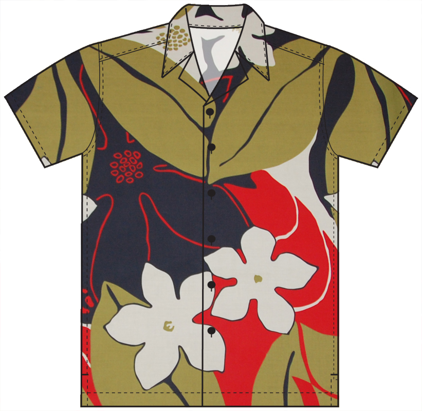 Cotton Blended Red Fusion Plumeria Aloha Shirt