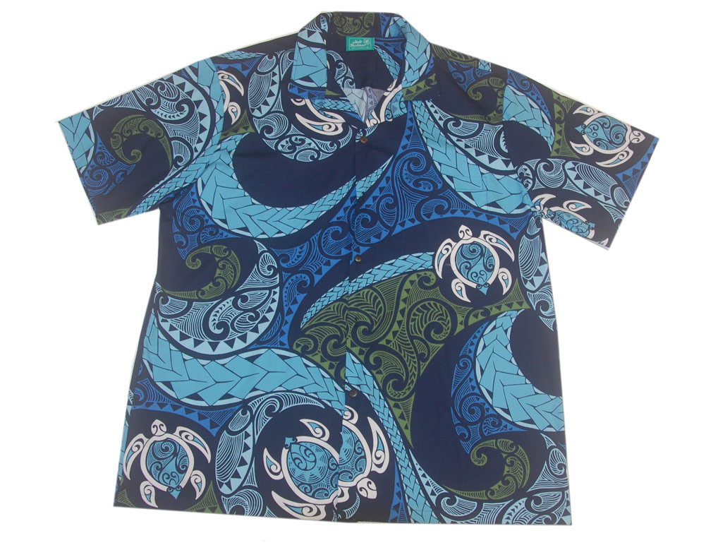 Cotton Blue Tattoo Honu Hawaiian Men Shirt