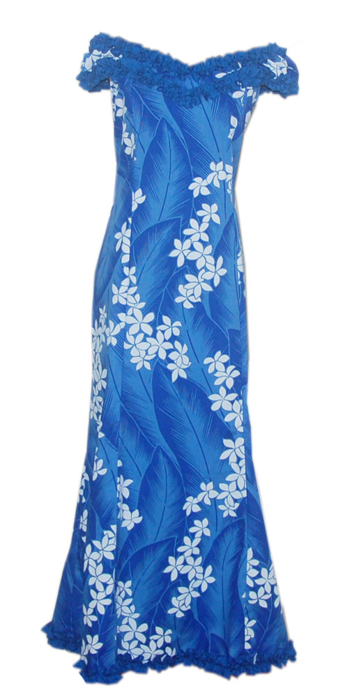 Wailea Beach Blue Plumeria Flower Ladies Hawaiian Dress