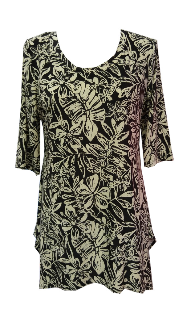 Hawaiian Casual Mana\'o Black Tunic 3/4 Sleeve Top