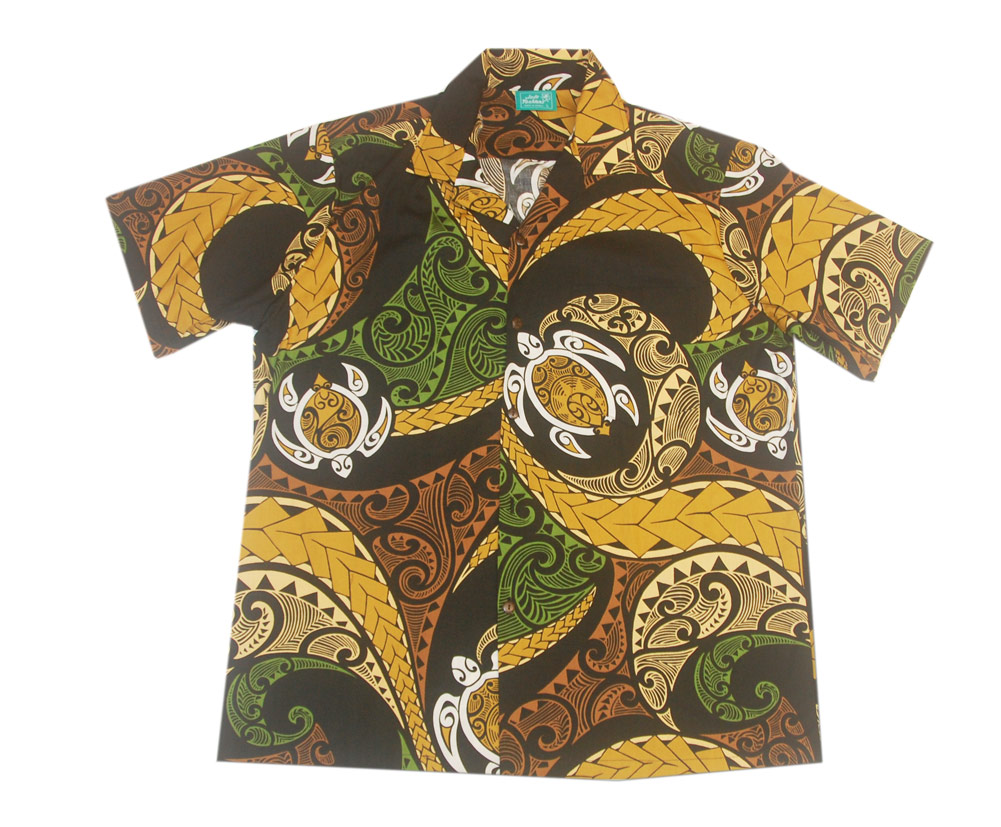 Cotton Brown Tattoo Honu Hawaiian Men Shirt