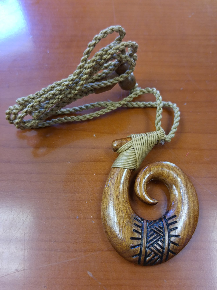 Hand Carved Natural Koa Wood Tattoo Fish Hook Necklace