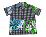 Cotton Blended Plaid Black Tiare Flower Aloha Shirt